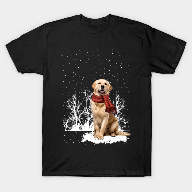 Christmas Golden Retriever With Scarf In Winter Forest T-Shirt by Mhoon 